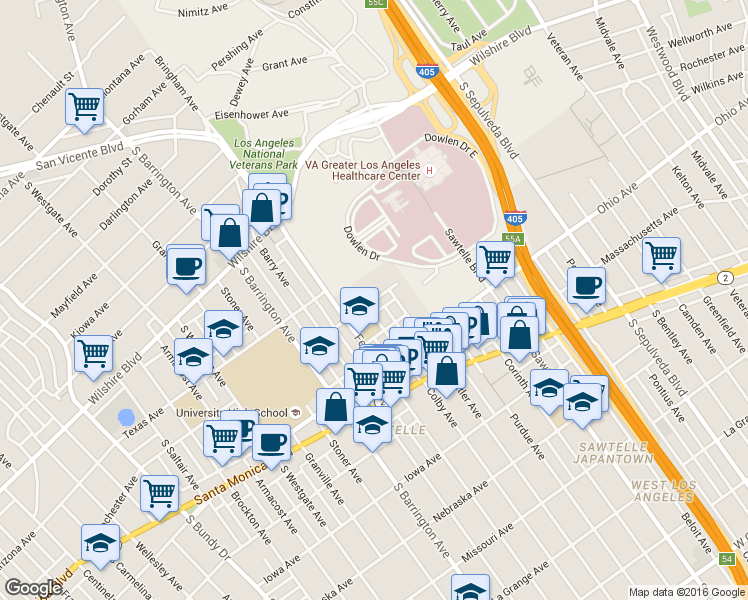 map of restaurants, bars, coffee shops, grocery stores, and more near 11511 Rochester Avenue in Los Angeles