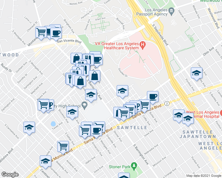 map of restaurants, bars, coffee shops, grocery stores, and more near 1281 Federal Avenue in Los Angeles