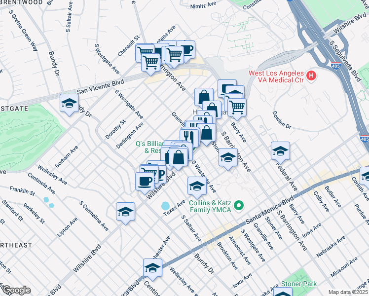 map of restaurants, bars, coffee shops, grocery stores, and more near 11827 Goshen Avenue in Los Angeles