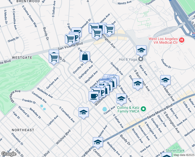 map of restaurants, bars, coffee shops, grocery stores, and more near 11924 Mayfield Avenue in Los Angeles