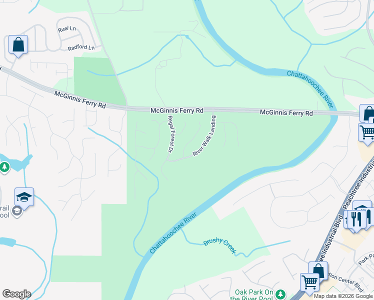 map of restaurants, bars, coffee shops, grocery stores, and more near 8460 River Walk Landing in Suwanee