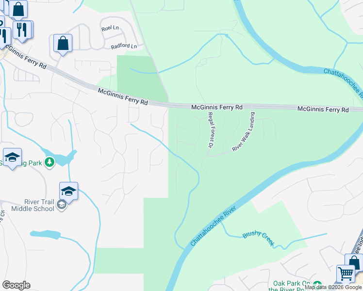 map of restaurants, bars, coffee shops, grocery stores, and more near 8578 Spring Breeze Terrace in Suwanee