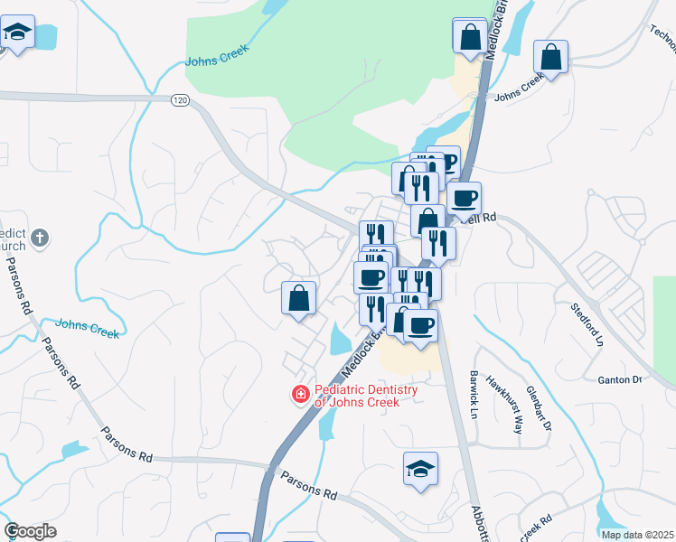 map of restaurants, bars, coffee shops, grocery stores, and more near 11040 Brunson Drive in Duluth