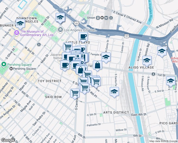map of restaurants, bars, coffee shops, grocery stores, and more near 100 South Alameda Street in Los Angeles