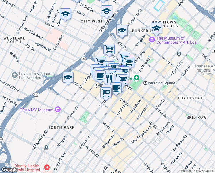 map of restaurants, bars, coffee shops, grocery stores, and more near 630 South Hope Street in Los Angeles