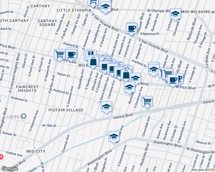 map of restaurants, bars, coffee shops, grocery stores, and more near 1444 South Sierra Bonita Avenue in Los Angeles