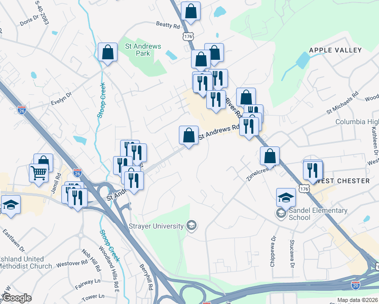 map of restaurants, bars, coffee shops, grocery stores, and more near 1110 Saint Andrews Road in Columbia
