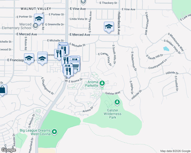map of restaurants, bars, coffee shops, grocery stores, and more near 2113 East Aroma Drive in West Covina
