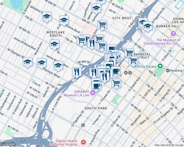 map of restaurants, bars, coffee shops, grocery stores, and more near 889 Francisco Street in Los Angeles