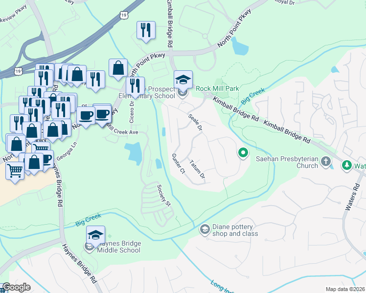 map of restaurants, bars, coffee shops, grocery stores, and more near 975 Gunter Court in Alpharetta