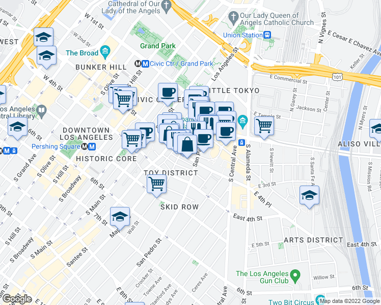 map of restaurants, bars, coffee shops, grocery stores, and more near 231 East 3rd Street in Los Angeles