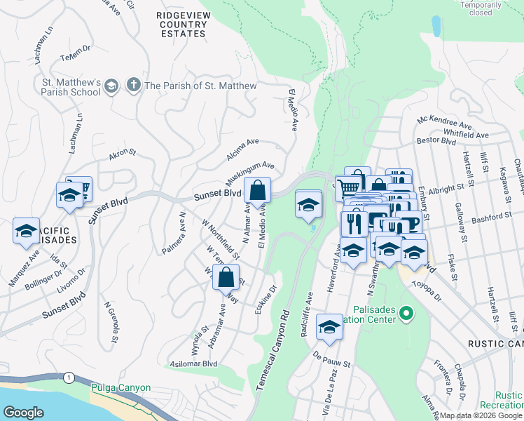 map of restaurants, bars, coffee shops, grocery stores, and more near 777 El Medio Avenue in Los Angeles