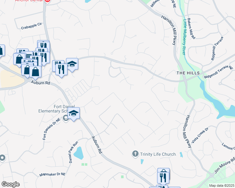 map of restaurants, bars, coffee shops, grocery stores, and more near 1625 Windsong Park Drive Northeast in Dacula