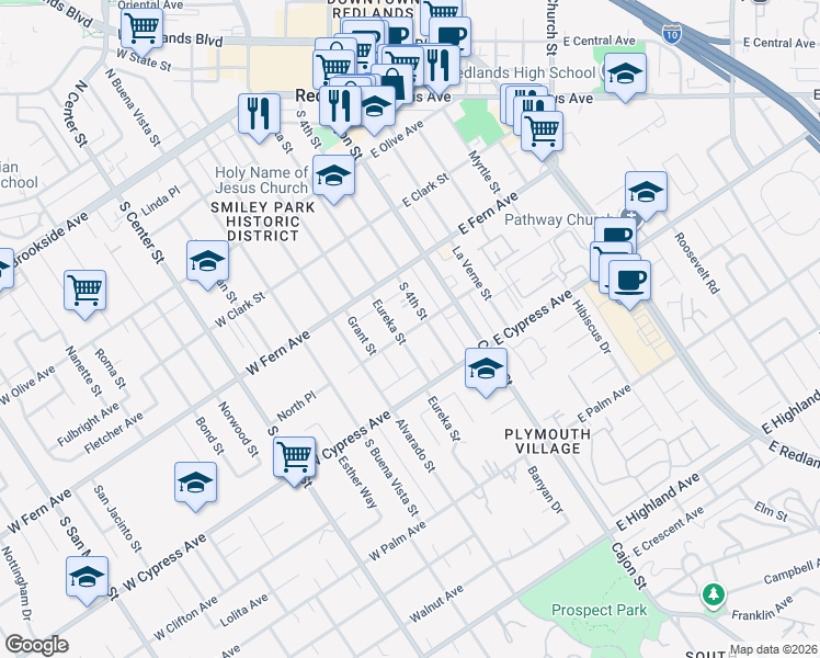 map of restaurants, bars, coffee shops, grocery stores, and more near 433 South Eureka Street in Redlands