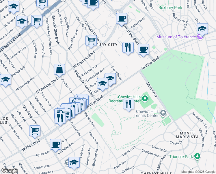 map of restaurants, bars, coffee shops, grocery stores, and more near 2346 Kerwood Avenue in Los Angeles