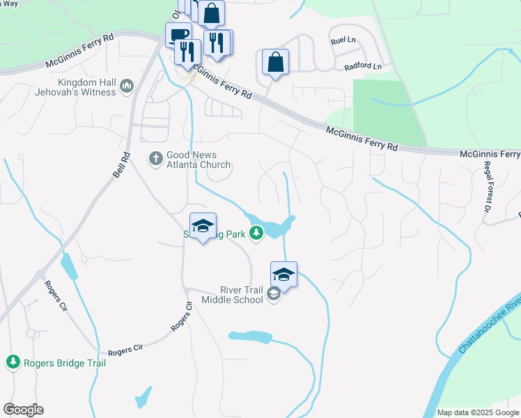 map of restaurants, bars, coffee shops, grocery stores, and more near 500 Longcross Court in Suwanee