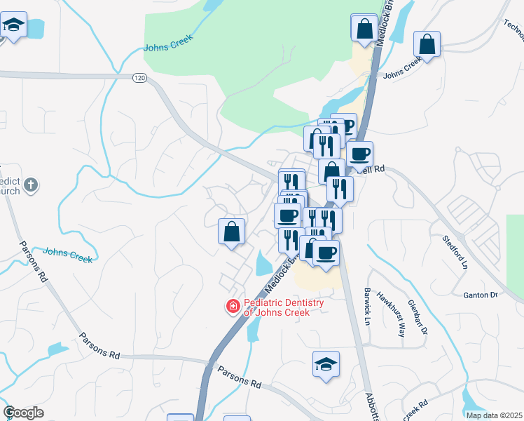 map of restaurants, bars, coffee shops, grocery stores, and more near 11040 Brunson Drive in Duluth