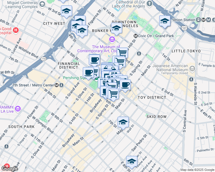 map of restaurants, bars, coffee shops, grocery stores, and more near 312 West 5th Street in Los Angeles