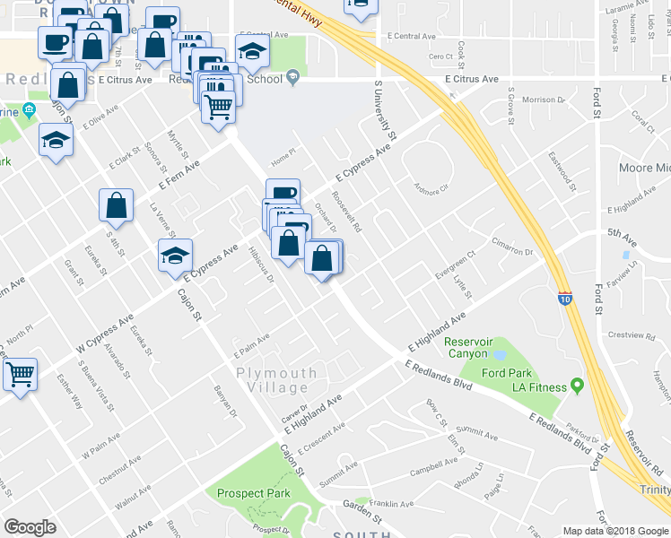 map of restaurants, bars, coffee shops, grocery stores, and more near 619 East Palm Avenue in Redlands