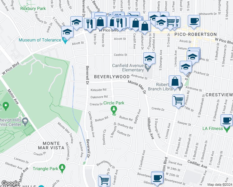 map of restaurants, bars, coffee shops, grocery stores, and more near 9437 Oakmore Road in Los Angeles