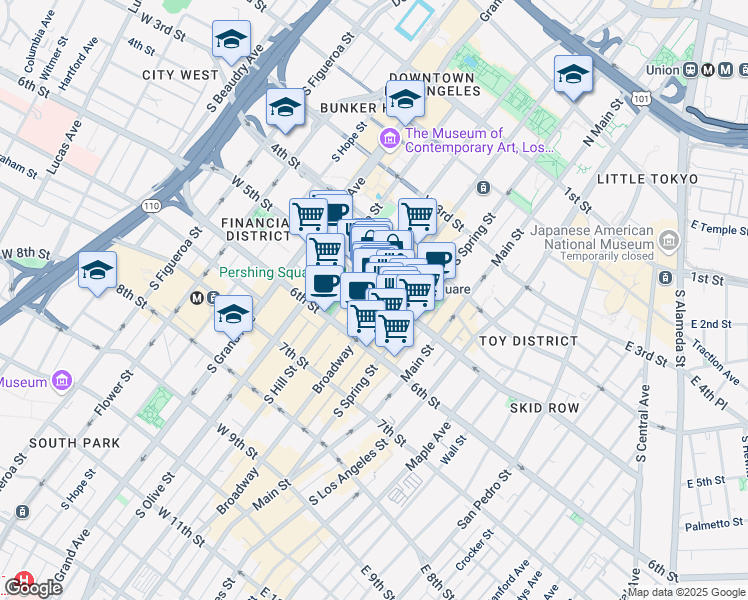 map of restaurants, bars, coffee shops, grocery stores, and more near 312 West 5th Street in Los Angeles
