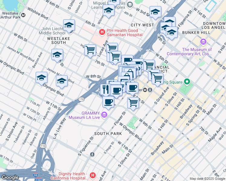 map of restaurants, bars, coffee shops, grocery stores, and more near 877 Francisco Street in Los Angeles
