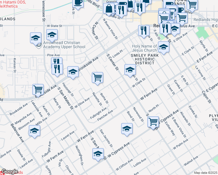 map of restaurants, bars, coffee shops, grocery stores, and more near 903 West Olive Avenue in Redlands