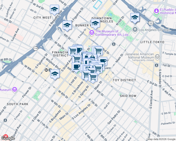 map of restaurants, bars, coffee shops, grocery stores, and more near in Los Angeles