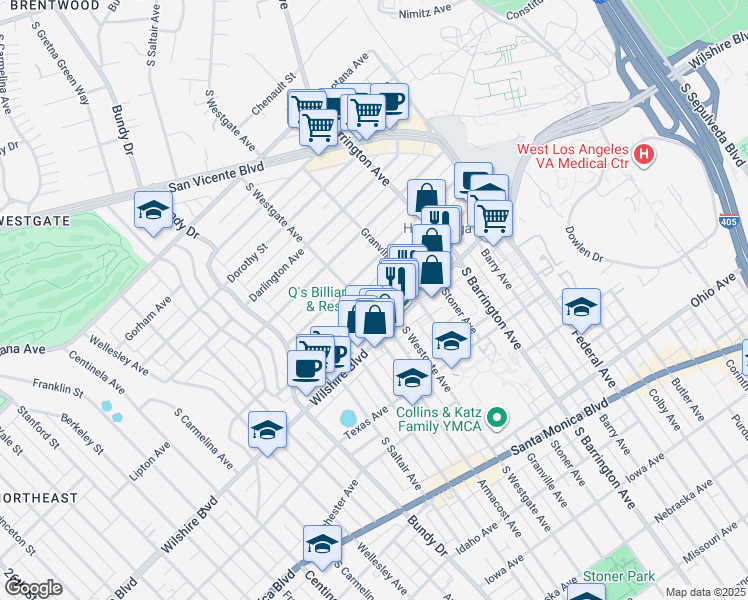map of restaurants, bars, coffee shops, grocery stores, and more near 11858 Goshen Avenue in Los Angeles