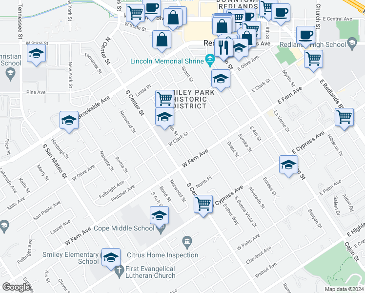 map of restaurants, bars, coffee shops, grocery stores, and more near 314 South Michigan Street in Redlands