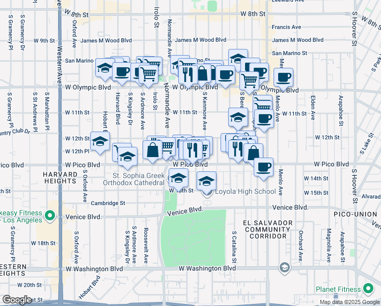 map of restaurants, bars, coffee shops, grocery stores, and more near 1233 Fedora Street in Los Angeles