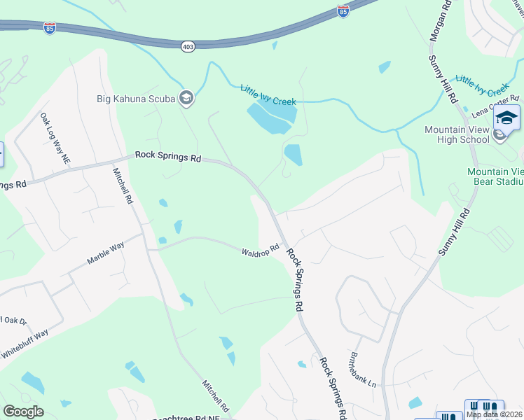 map of restaurants, bars, coffee shops, grocery stores, and more near 2396 Rock Springs Road in Buford