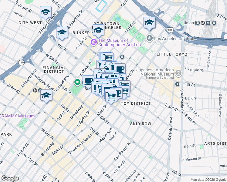 map of restaurants, bars, coffee shops, grocery stores, and more near 120 West 4th Street in Los Angeles