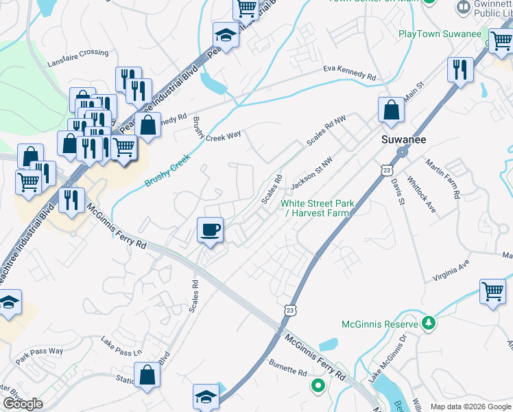 map of restaurants, bars, coffee shops, grocery stores, and more near 843 Scales Road in Suwanee