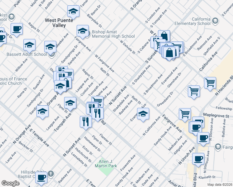map of restaurants, bars, coffee shops, grocery stores, and more near 14588 Dancer Street in La Puente