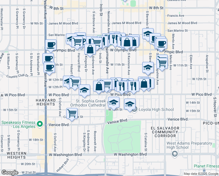 map of restaurants, bars, coffee shops, grocery stores, and more near 1223 South Mariposa Avenue in Los Angeles