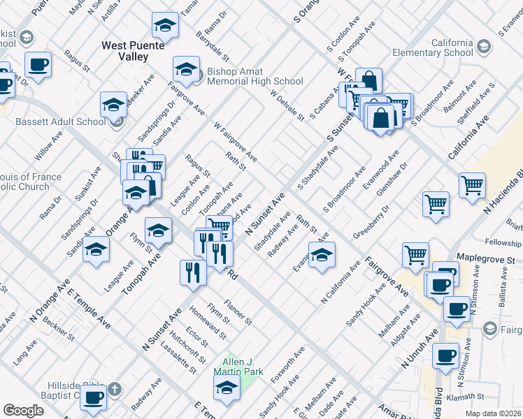 map of restaurants, bars, coffee shops, grocery stores, and more near 14588 Dancer Street in La Puente