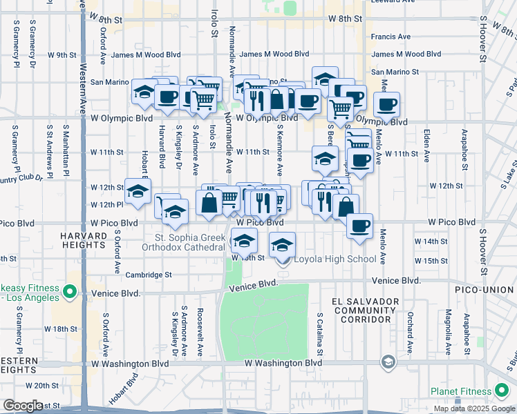 map of restaurants, bars, coffee shops, grocery stores, and more near 1233 Fedora Street in Los Angeles