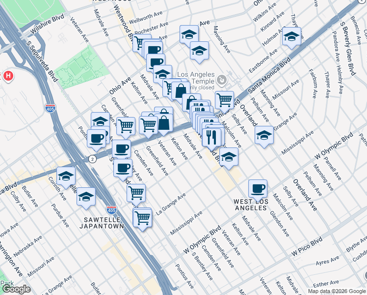 map of restaurants, bars, coffee shops, grocery stores, and more near 1852 Kelton Avenue in Los Angeles
