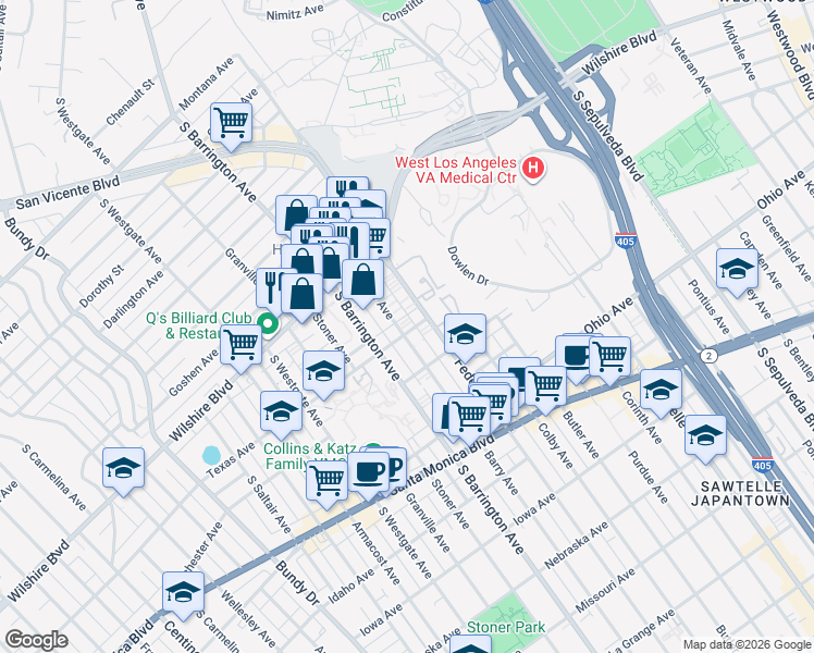 map of restaurants, bars, coffee shops, grocery stores, and more near 11625 Texas Avenue in Los Angeles