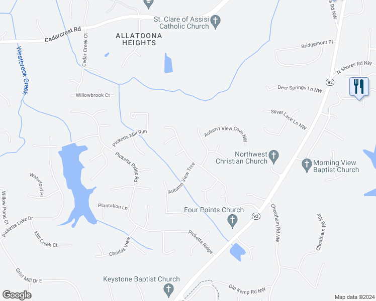 map of restaurants, bars, coffee shops, grocery stores, and more near 3684 Autumn View Drive in Acworth