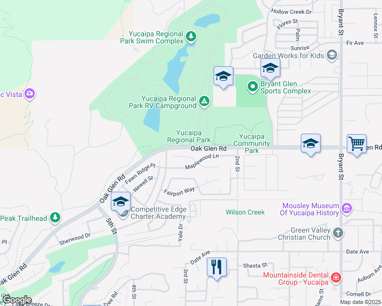 map of restaurants, bars, coffee shops, grocery stores, and more near 34762 Maplewood Lane in Yucaipa