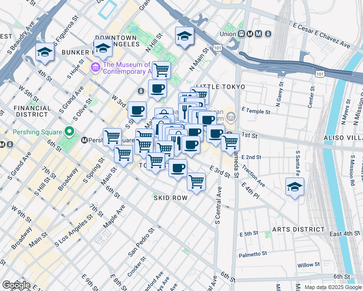 map of restaurants, bars, coffee shops, grocery stores, and more near 267 San Pedro Street in Los Angeles
