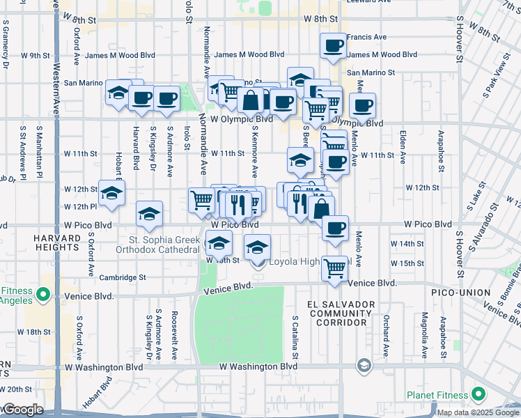 map of restaurants, bars, coffee shops, grocery stores, and more near 1232 South Kenmore Avenue in Los Angeles