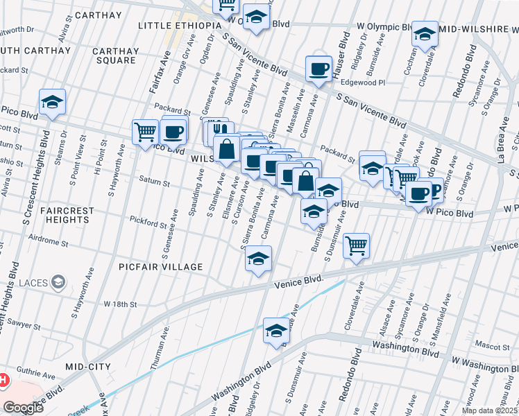 map of restaurants, bars, coffee shops, grocery stores, and more near 1444 South Sierra Bonita Avenue in Los Angeles