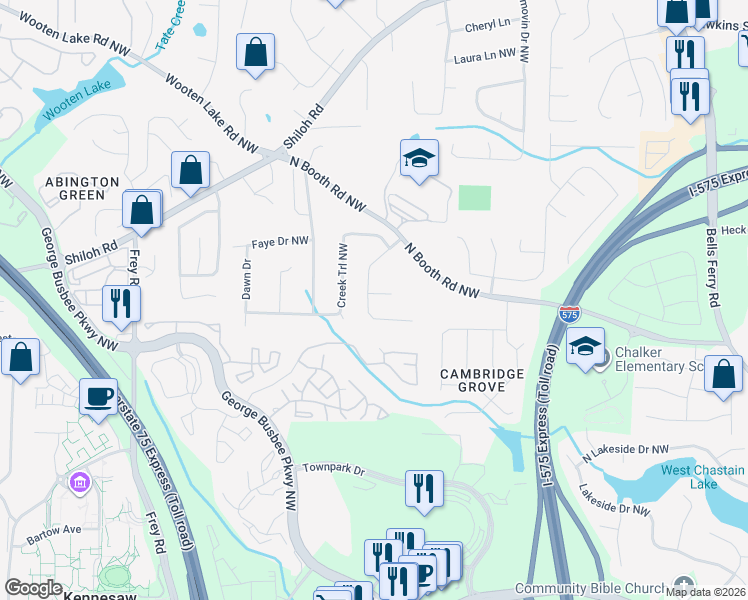 map of restaurants, bars, coffee shops, grocery stores, and more near 779 Cripple Creek Court in Kennesaw
