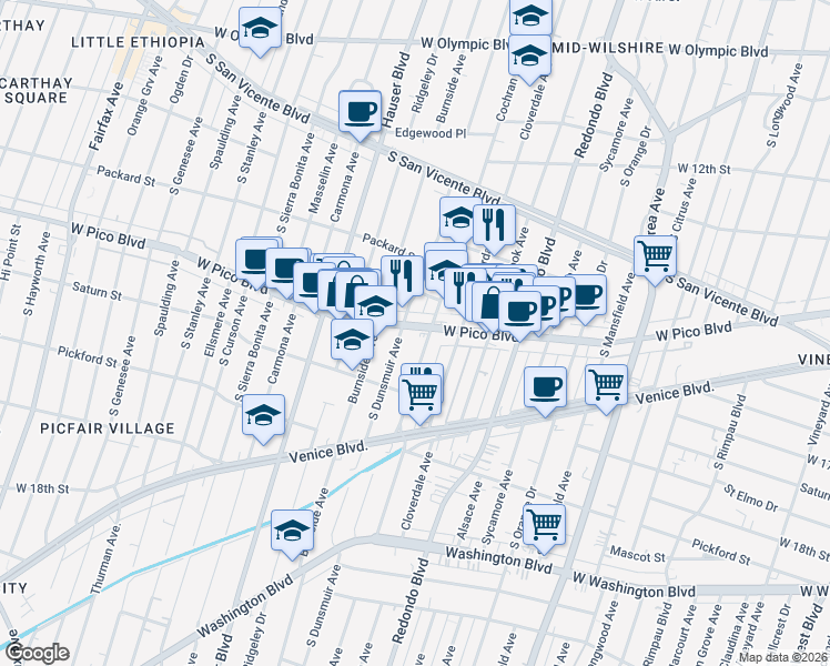 map of restaurants, bars, coffee shops, grocery stores, and more near 5259 West Pico Boulevard in Los Angeles
