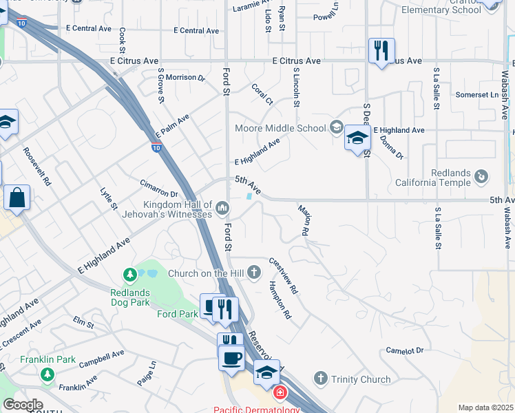 map of restaurants, bars, coffee shops, grocery stores, and more near 1306 Farview Lane in Redlands