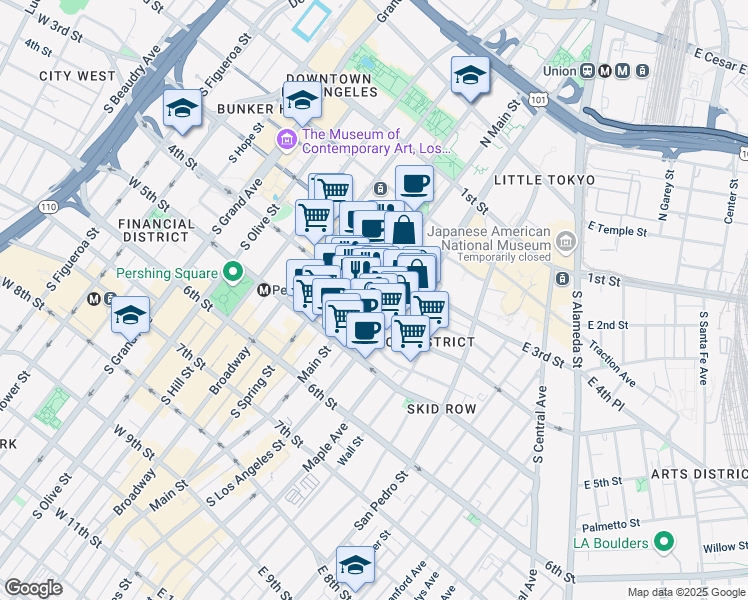 map of restaurants, bars, coffee shops, grocery stores, and more near 326 South Main Street in Los Angeles