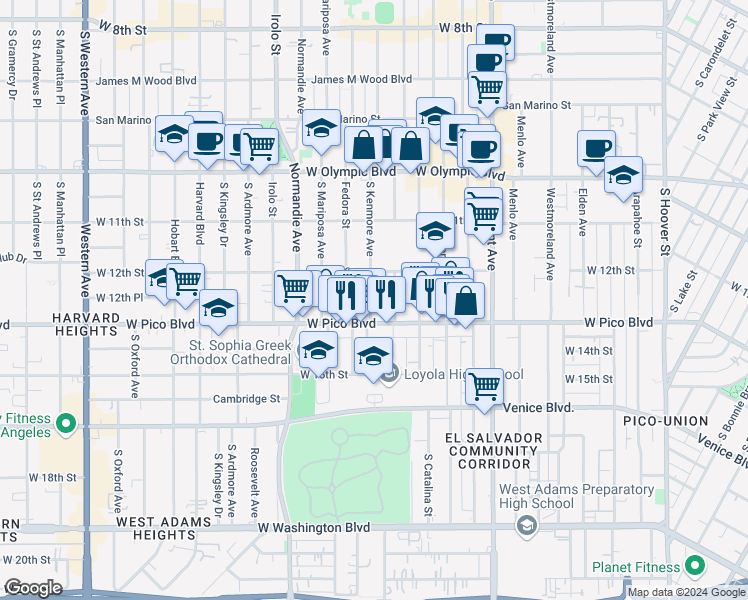 map of restaurants, bars, coffee shops, grocery stores, and more near 1232 South Kenmore Avenue in Los Angeles